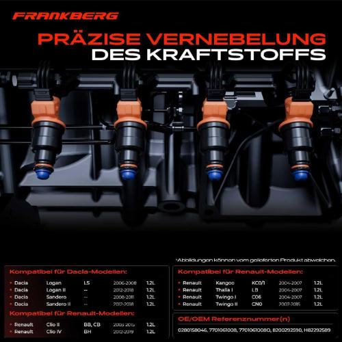 Frankberg 4x Einspritzventil Einspritzdüse für Renault Clio Kangoo Dacia Logan Sandero Bild Frankberg 4x Einspritzventil Einspritzdüse für Renault Clio Kangoo Dacia Logan Sandero