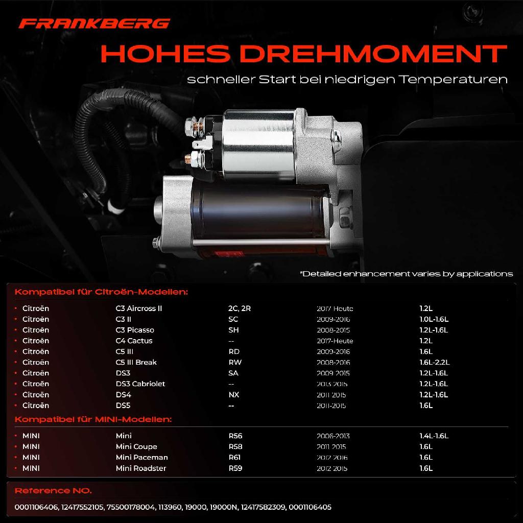 1x Anlasser Starter für MINI R56 R57 R55 Mini Clubvan Mini Countryman R60 Mini Coupe R58 Mini Paceman R61 R59