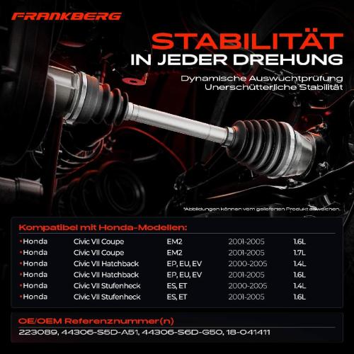 1x Antriebswelle Vorderachse Links für Honda Civic VII EM2 ES ET EP EU EV 2000-2005 Bild 1x Antriebswelle Vorderachse Links für Honda Civic VII EM2 ES ET EP EU EV 2000-2005