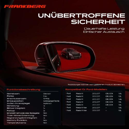 Frankberg 1x Außenspiegel Rechts für Ford Fiesta VI CB1 CCN Van 2008-2017 Bild Frankberg 1x Außenspiegel Rechts für Ford Fiesta VI CB1 CCN Van 2008-2017