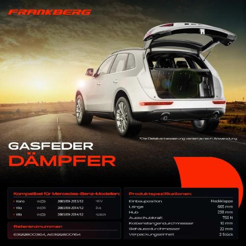Frankberg 2x Gasfeder D mpfer Heckklappe Mercedes-Benz Viano MPV Vito W639 Bus Kasten 2003-2014 Bild Frankberg 2x Gasfeder D mpfer Heckklappe Mercedes-Benz Viano MPV Vito W639 Bus Kasten 2003-2014