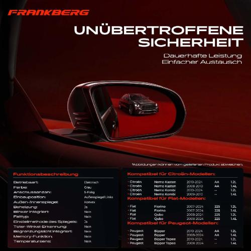 Frankberg 1x Außenspiegel Links für Citroën Nemo AA Fiat Fiorino Peugeot Bipper Tepee 1.4L 1.2L Bild Frankberg 1x Außenspiegel Links für Citroën Nemo AA Fiat Fiorino Peugeot Bipper Tepee 1.4L 1.2L