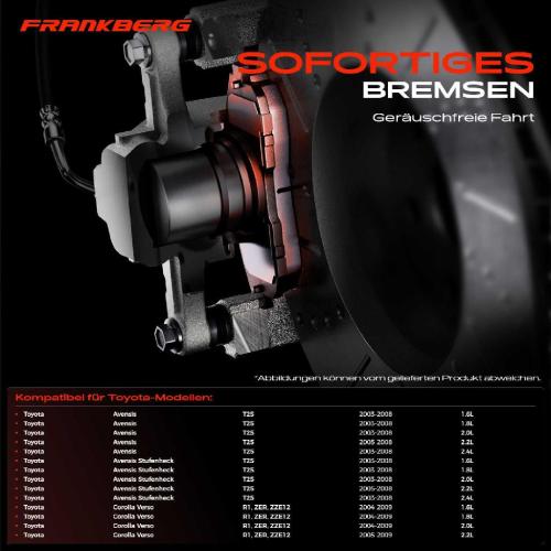 Frankberg 4x Bremsbeläge Vorderachse für Toyota Avensis Station Wagon Stufenheck Corolla Verso 2003-2009 Bild Frankberg 4x Bremsbeläge Vorderachse für Toyota Avensis Station Wagon Stufenheck Corolla Verso 2003-2009