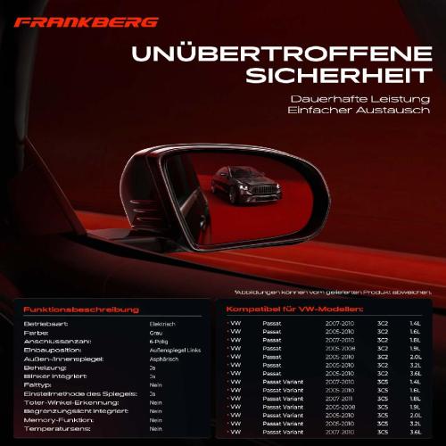 Frankberg 1x Außenspiegel Links für VW Passat Passat Variant 3C2 3C5 2005-2011 Bild Frankberg 1x Außenspiegel Links für VW Passat Passat Variant 3C2 3C5 2005-2011