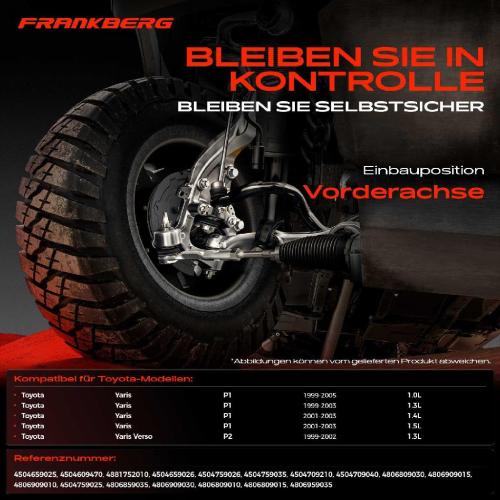 Frankberg 1x Querlenker Satz Vorderachse für Toyota Yaris P1 Yaris Verso P2 1.0L 1.3L 1.4L 1.5L 1999-2005 Bild Frankberg 1x Querlenker Satz Vorderachse für Toyota Yaris P1 Yaris Verso P2 1.0L 1.3L 1.4L 1.5L 1999-2005