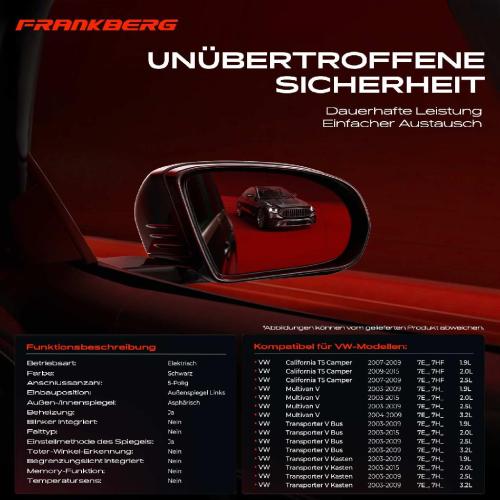 Frankberg 1x Außenspiegel Links für VW California T5 Camper Multivan V Transporter V 2003-2015 Bild Frankberg 1x Außenspiegel Links für VW California T5 Camper Multivan V Transporter V 2003-2015