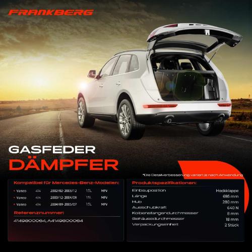Frankberg 2x Gasfeder Dämpfer Heckklappe Mercedes-Benz Vaneo 414 MPV 2002-2005 Bild Frankberg 2x Gasfeder Dämpfer Heckklappe Mercedes-Benz Vaneo 414 MPV 2002-2005