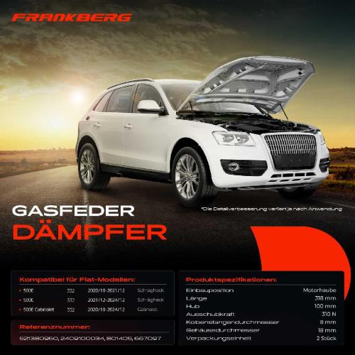 Frankberg 2x Gasfeder Dämpfer Motorhaube für Fiat 500E 332 Cabriolet Bj ab 2020 Bild Frankberg 2x Gasfeder Dämpfer Motorhaube für Fiat 500E 332 Cabriolet Bj ab 2020