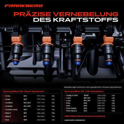 Frankberg 4x Einspritzventil Einspritzdüse für VW Polo Seat Arosa Cordoba Ibiza Bild Frankberg 4x Einspritzventil Einspritzdüse für VW Polo Seat Arosa Cordoba Ibiza