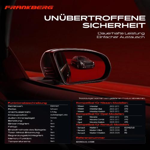 Frankberg 1x Außenspiegel Links für Nissan Interstar Opel Movano Renault Master II X70 JD FD Bild Frankberg 1x Außenspiegel Links für Nissan Interstar Opel Movano Renault Master II X70 JD FD