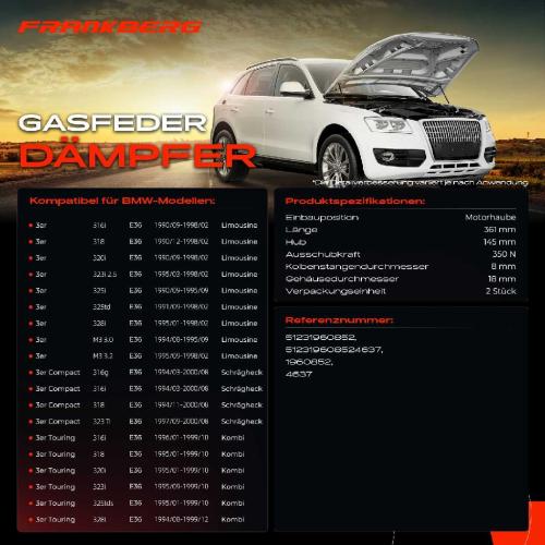 Frankberg 2x Gasfeder Dämpfer Motorhaube für BMW E36 Limousine Schrägheck Kombi 1990-2000 Bild Frankberg 2x Gasfeder Dämpfer Motorhaube für BMW E36 Limousine Schrägheck Kombi 1990-2000
