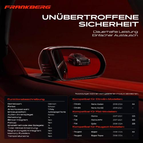 Frankberg 1x Außenspiegel Rechts für Citroën Nemo Fiat Fiorino Qubo Peugeot Bipper 2007-2024 Bild Frankberg 1x Außenspiegel Rechts für Citroën Nemo Fiat Fiorino Qubo Peugeot Bipper 2007-2024