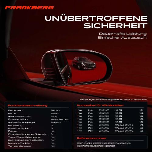 Frankberg 1x Außenspiegel Links für VW Polo 9A 9N 9A2 9A4 9A6 9N2 2005-2009 Bild Frankberg 1x Außenspiegel Links für VW Polo 9A 9N 9A2 9A4 9A6 9N2 2005-2009