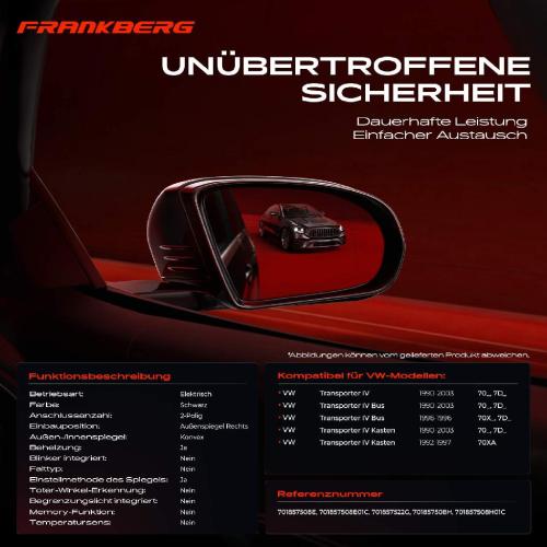 Frankberg 1x Außenspiegel Rechts für VW Transporter IV 70 7D 70XA 1990-2003 Bild Frankberg 1x Außenspiegel Rechts für VW Transporter IV 70 7D 70XA 1990-2003