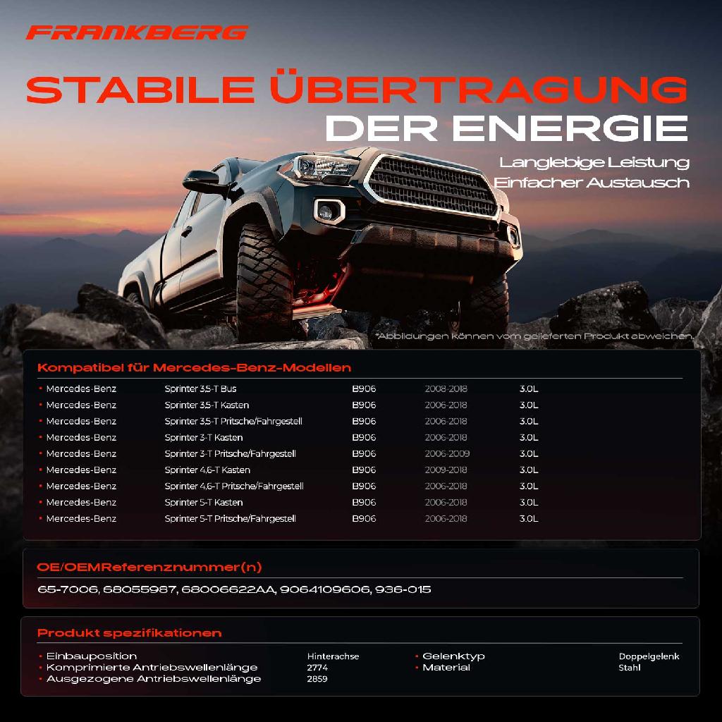 1x Kardanwelle Gelenkwelle Hinterachse für Mercedes-Benz Sprinter 3,5-T Bus Kasten Pritsche/Fahrgestell B906