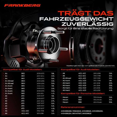 Frankberg 1x Radnabe Radlagersatz Vorderachse beidseitig für Audi A4 Allroad Avant A5 Cabriolet Sportback A6 A7 Bild Frankberg 1x Radnabe Radlagersatz Vorderachse beidseitig für Audi A4 Allroad Avant A5 Cabriolet Sportback A6 A7