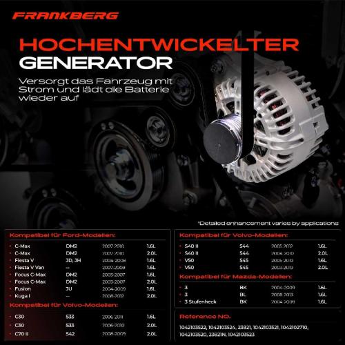Frankberg 1x Lichtmaschine Generator für Mazda 3 Ford C Max Focus Fiesta Fusion Volvo Bild Frankberg 1x Lichtmaschine Generator für Mazda 3 Ford C Max Focus Fiesta Fusion Volvo