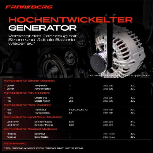 Frankberg 1x Lichtmaschine Generator für Ford Transit Peugeot Boxer Citroën Jumper Bild Frankberg 1x Lichtmaschine Generator für Ford Transit Peugeot Boxer Citroën Jumper