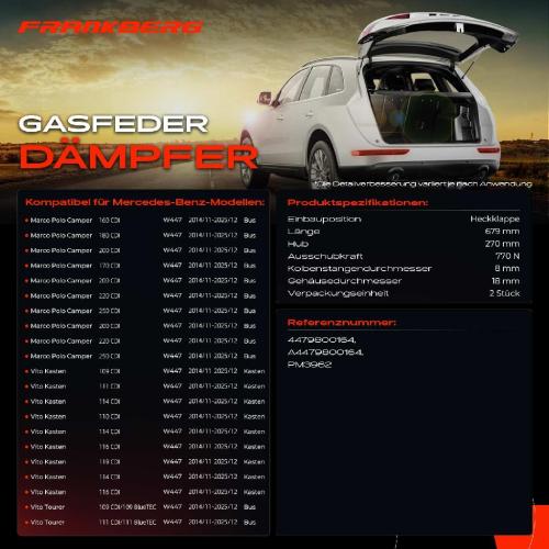 Frankberg 2x Gasfeder Dämpfer Heckklappe für Mercedes-Benz Marco Polo Camper W447 Vito W447 Kasten Bj ab 2014 Bild Frankberg 2x Gasfeder Dämpfer Heckklappe für Mercedes-Benz Marco Polo Camper W447 Vito W447 Kasten Bj ab 2014