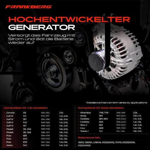 Frankberg 1x Lichtmaschine Generator für VW Golf III IV VI Polo Passat Vento Seat Ibiza Bild Frankberg 1x Lichtmaschine Generator für VW Golf III IV VI Polo Passat Vento Seat Ibiza