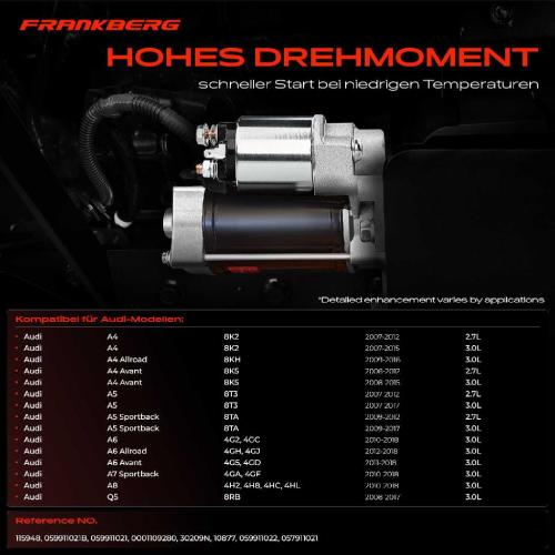 Frankberg 1x Anlasser Starter für Audi A4 Allroad Avant A5 Cabriolet Sportback A6 A7 A8 Q5 2.7L 3.0L 2007-2018 Bild Frankberg 1x Anlasser Starter für Audi A4 Allroad Avant A5 Cabriolet Sportback A6 A7 A8 Q5 2.7L 3.0L 2007-2018