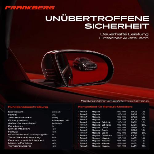 Frankberg 1x Außenspiegel Links für Renault Megane I Cabriolet Coach Grandtour Klasseic BA0/1 Bild Frankberg 1x Außenspiegel Links für Renault Megane I Cabriolet Coach Grandtour Klasseic BA0/1