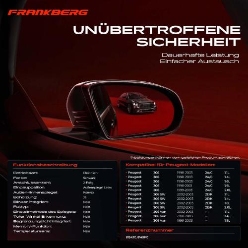 Frankberg 1x Außenspiegel Rechts für Peugeot 206 Schrägheck 2A/C SW 2E/K 1998-2003 Bild Frankberg 1x Außenspiegel Rechts für Peugeot 206 Schrägheck 2A/C SW 2E/K 1998-2003