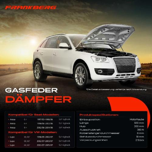 Frankberg 2x Gasfeder Dämpfer Motorhaube für Seat Arosa 6H VW Lupo 60 6X1 Schrägheck 1997-2005 Bild Frankberg 2x Gasfeder Dämpfer Motorhaube für Seat Arosa 6H VW Lupo 60 6X1 Schrägheck 1997-2005
