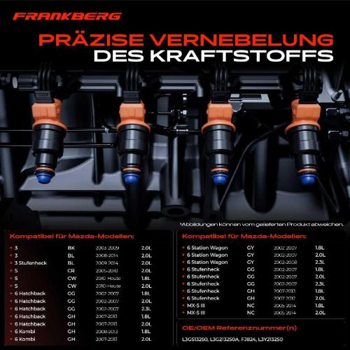 Frankberg 4x Einspritzventil Einspritzdüse für Mazda 3 5 6 MX-5 III 1.8L-2.3L Bj ab 2002 Bild Frankberg 4x Einspritzventil Einspritzdüse für Mazda 3 5 6 MX-5 III 1.8L-2.3L Bj ab 2002