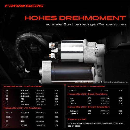 Frankberg 1x Anlasser Starter für VW Golf Passat Alltrack Scirocco Sharan Tiguan Allspace Transporter Bus Kasten Bild Frankberg 1x Anlasser Starter für VW Golf Passat Alltrack Scirocco Sharan Tiguan Allspace Transporter Bus Kasten