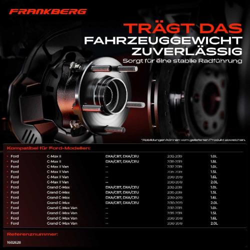 Frankberg 1x Radnabe Radlagersatz Hinterachse beidseitig f r Ford C-Max II Van Grand 1.0L 1.5L 1.6L 2.0L 2010-2019 Bild Frankberg 1x Radnabe Radlagersatz Hinterachse beidseitig f r Ford C-Max II Van Grand 1.0L 1.5L 1.6L 2.0L 2010-2019