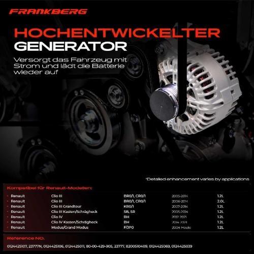 Frankberg 1x Lichtmaschine Generator für Renault Clio 3 BR0/1 Clio 4 Modus/Grand Modus Bild Frankberg 1x Lichtmaschine Generator für Renault Clio 3 BR0/1 Clio 4 Modus/Grand Modus