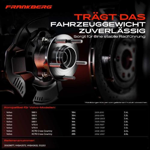 Frankberg 1x Radnabe Radlagersatz Hinterachse beidseitig für Volvo S60 I S80 V70 II XC70 Cross Country 2000-2010 Bild Frankberg 1x Radnabe Radlagersatz Hinterachse beidseitig für Volvo S60 I S80 V70 II XC70 Cross Country 2000-2010