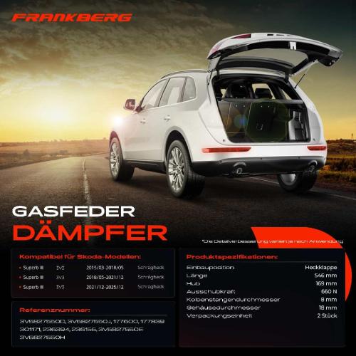 Frankberg 2x Gasfeder Dämpfer Heckklappe Skoda Superb III 3V3 Schrägheck Bj ab 2015 Bild Frankberg 2x Gasfeder Dämpfer Heckklappe Skoda Superb III 3V3 Schrägheck Bj ab 2015