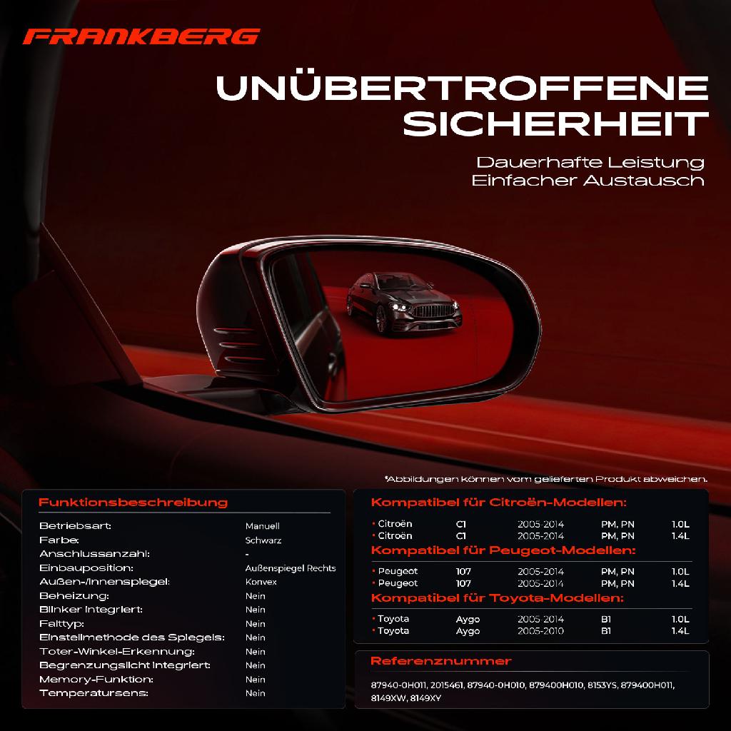 1x Außenspiegel Rechts für Citroën C1 Peugeot 107 PM PN Toyota Aygo 1.0L 1.4L 2005-2014