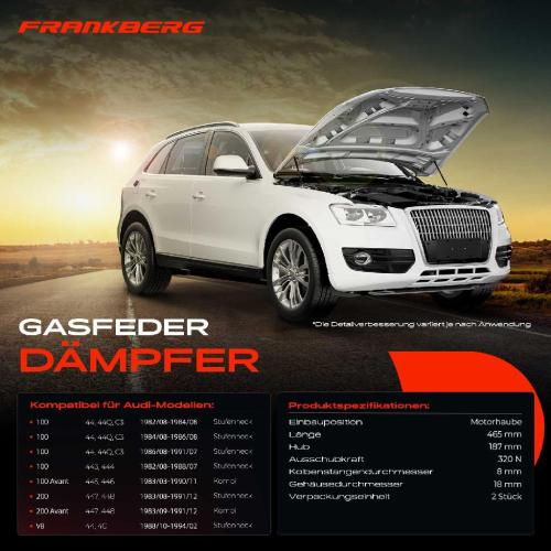 Frankberg 2x Gasfeder Dämpfer Motorhaube für Audi 100 200 V8 Stufenheck 1982-1994 Bild Frankberg 2x Gasfeder Dämpfer Motorhaube für Audi 100 200 V8 Stufenheck 1982-1994