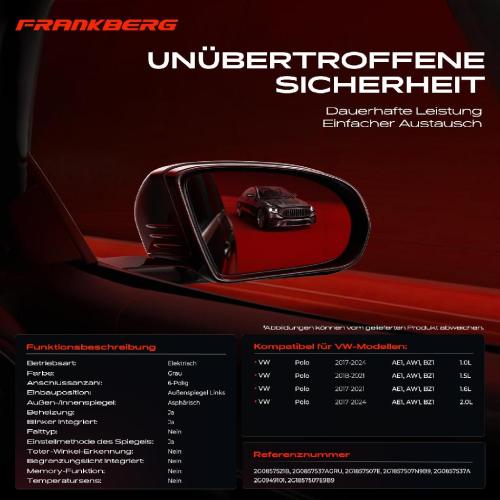 Frankberg 1x Außenspiegel Links für VW Polo AE1 AW1 BZ1 1.0L 1.5L 1.6L 2.0L Bj ab 2017 Bild Frankberg 1x Außenspiegel Links für VW Polo AE1 AW1 BZ1 1.0L 1.5L 1.6L 2.0L Bj ab 2017