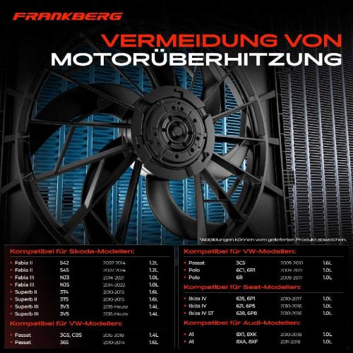Frankberg 1x Motorkühller Einfachlüfter ohne Kühlerlüfterrahmen VW Golf 5K1 Polo 6R Audi A1 Skoda Fabia Seat Bild Frankberg 1x Motorkühller Einfachlüfter ohne Kühlerlüfterrahmen VW Golf 5K1 Polo 6R Audi A1 Skoda Fabia Seat
