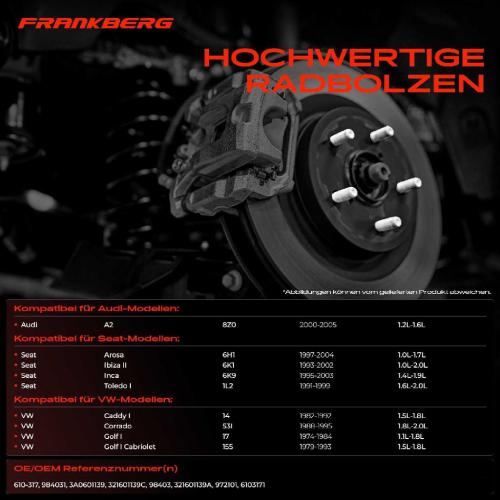 Frankberg 16x Radschraube für VW Golf Polo Passat Jetta Vento Audi A2 Seat Ibiza Bild Frankberg 16x Radschraube für VW Golf Polo Passat Jetta Vento Audi A2 Seat Ibiza