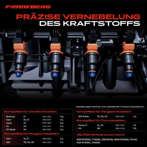 Frankberg 4x Einspritzventil Einspritzdüse für Citroën Ford KA Mazda Peugeot 106 II 306 Partner Bild Frankberg 4x Einspritzventil Einspritzdüse für Citroën Ford KA Mazda Peugeot 106 II 306 Partner