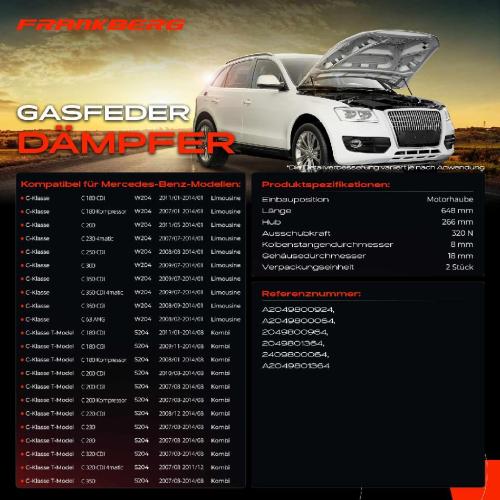Frankberg 2x Gasfeder Dämpfer Motorhaube für Mercedes-Benz C-Klasse W204 S204 Kombi Limousine 2007-2014 Bild Frankberg 2x Gasfeder Dämpfer Motorhaube für Mercedes-Benz C-Klasse W204 S204 Kombi Limousine 2007-2014