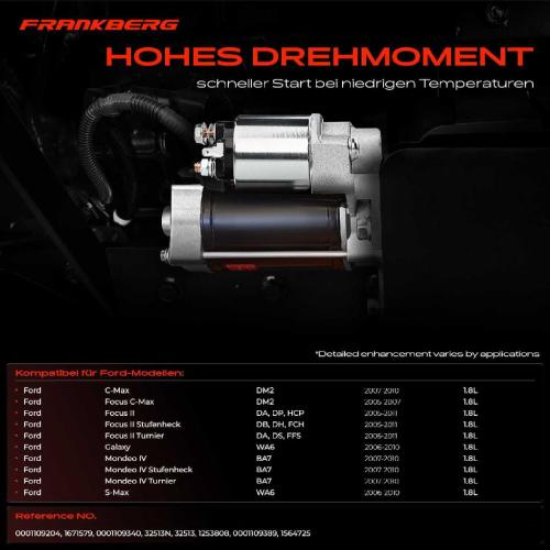 Frankberg 1x Anlasser Starter für Ford C-Max Focus II Stufenheck Turnier Galaxy Mondeo IV S-Max 1.8L 2005-2011 Bild Frankberg 1x Anlasser Starter für Ford C-Max Focus II Stufenheck Turnier Galaxy Mondeo IV S-Max 1.8L 2005-2011