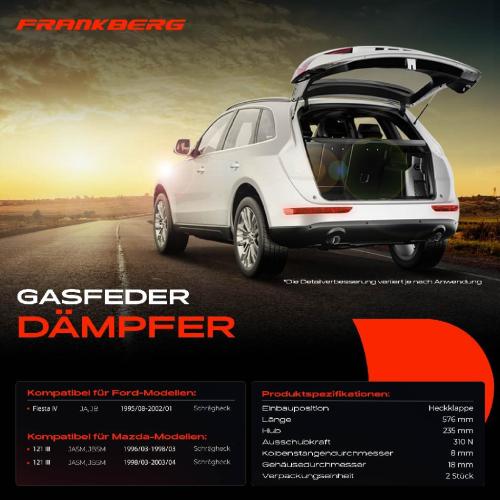 Frankberg 2x Gasfeder Dämpfer Heckklappe für Ford Fiesta IV JA Mazda 121 III JASM Schrägheck 1995-2003 Bild Frankberg 2x Gasfeder Dämpfer Heckklappe für Ford Fiesta IV JA Mazda 121 III JASM Schrägheck 1995-2003