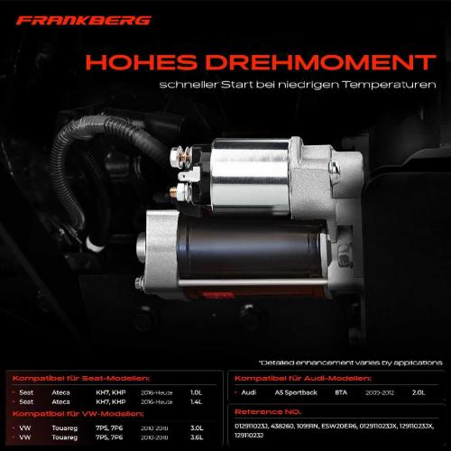 Frankberg 1x Anlasser Starter für VW Touareg Audi A5 Sportback Seat Ateca 2.0L 1.0L 1.4L 3.0L 3.6L Bj ab 2009 Bild Frankberg 1x Anlasser Starter für VW Touareg Audi A5 Sportback Seat Ateca 2.0L 1.0L 1.4L 3.0L 3.6L Bj ab 2009