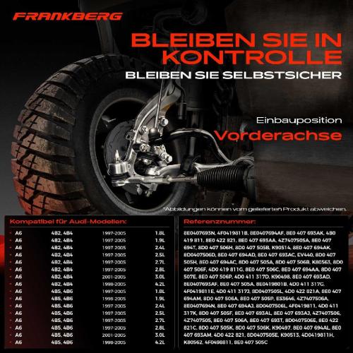 Frankberg 1x Querlenker Satz Vorderachse für Audi A6 Avant 1.8L 1.9L 2.4L 2.5L 2.7L 2.8L 3.0L 4.2L 1997-2005 Bild Frankberg 1x Querlenker Satz Vorderachse für Audi A6 Avant 1.8L 1.9L 2.4L 2.5L 2.7L 2.8L 3.0L 4.2L 1997-2005