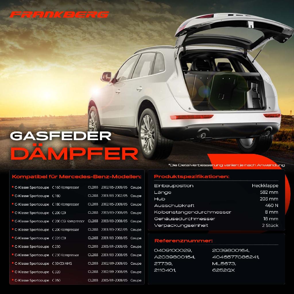 2x Gasfeder Dämpfer Heckklappe Mercedes Benz C-Klasse CL203 Coupe 2001-2008