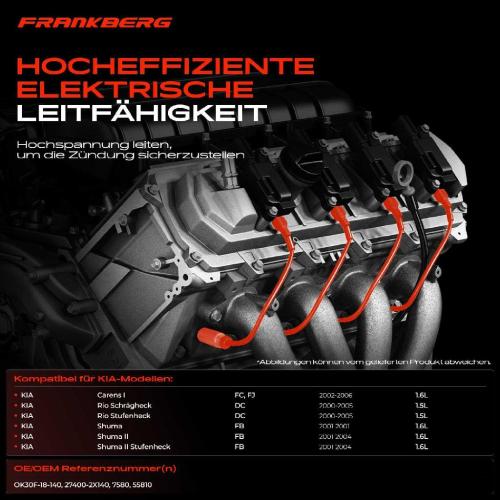 Frankberg 4x Zündleitungssatz Zündkabel für KIA Rio DC Shuma FB Carens 2 FJ 1.6L 1.5L 2000-2005 Bild Frankberg 4x Zündleitungssatz Zündkabel für KIA Rio DC Shuma FB Carens 2 FJ 1.6L 1.5L 2000-2005