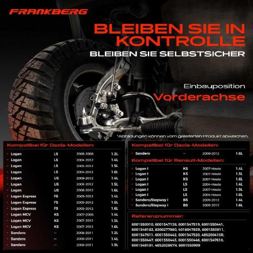 Frankberg 1x Querlenker Satz Vorderachse für Dacia Logan Express MCV Pick-up Sandero Renault I Kombi Sandero/Stepway Bild Frankberg 1x Querlenker Satz Vorderachse für Dacia Logan Express MCV Pick-up Sandero Renault I Kombi Sandero/Stepway