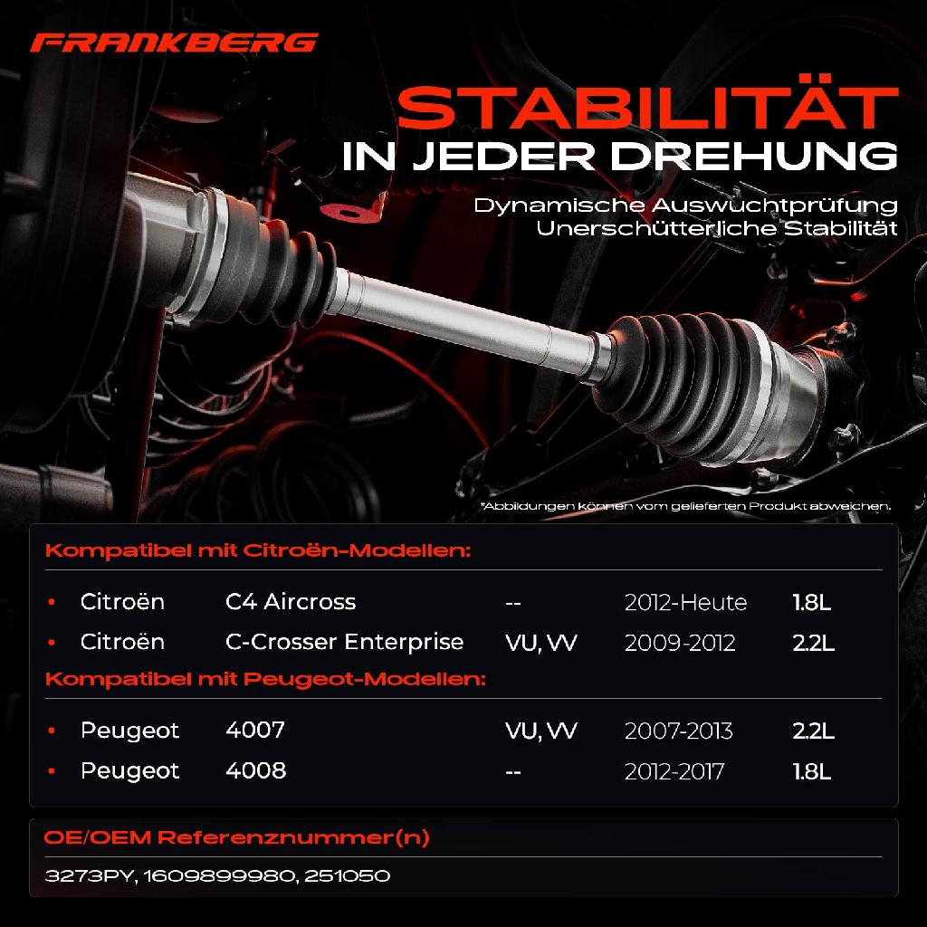 1x Antriebswelle Vorderachse Rechts für Citroën C4 Aircross C-Crosser Enterprise Peugeot 4007 4008