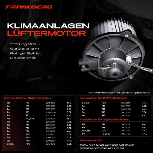 Frankberg 1x Gebläsemotor Innenraumgebläse für BMW 5er F07 F10 F11 F18 6er F06 F12 F13 7er F01 F02 F03 F04 Bild Frankberg 1x Gebläsemotor Innenraumgebläse für BMW 5er F07 F10 F11 F18 6er F06 F12 F13 7er F01 F02 F03 F04